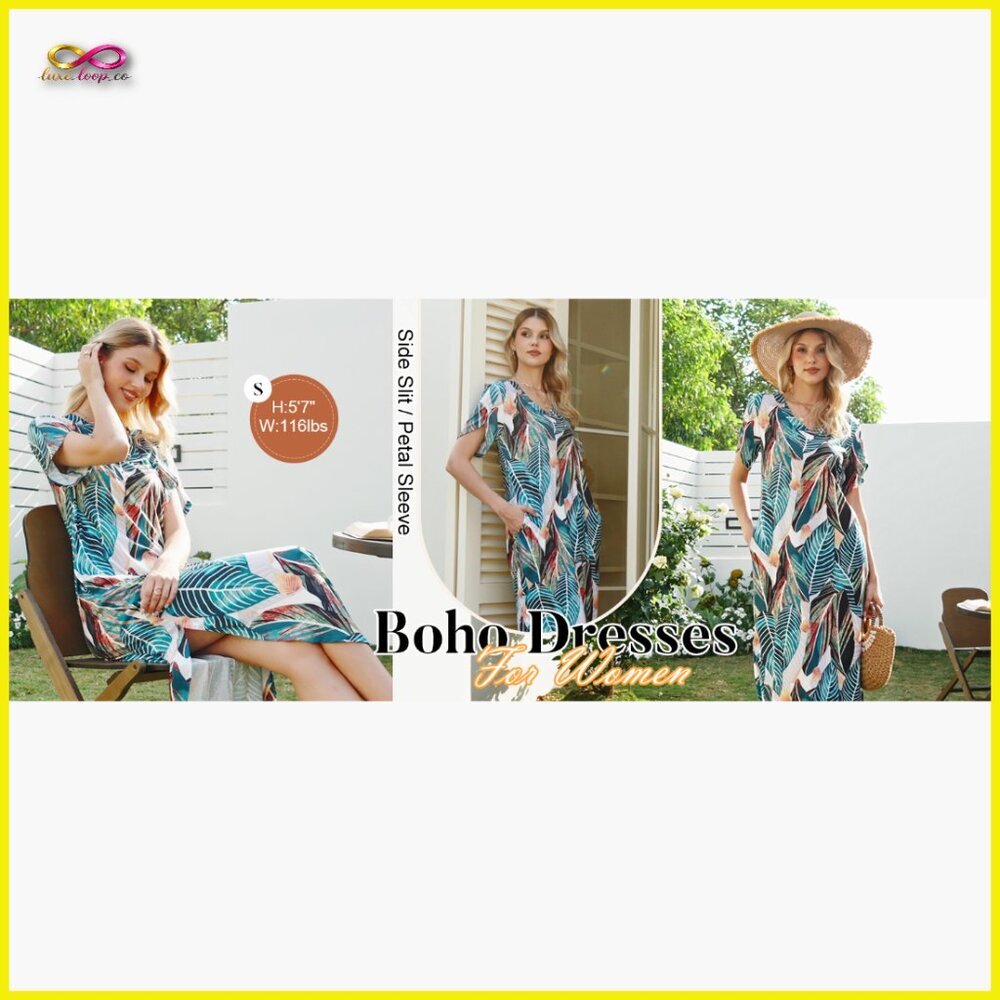 Summer Maxi Dress V-Neck Side Slit Pockets Casual Boho Chic Loose Fit - Picture 7 of 7